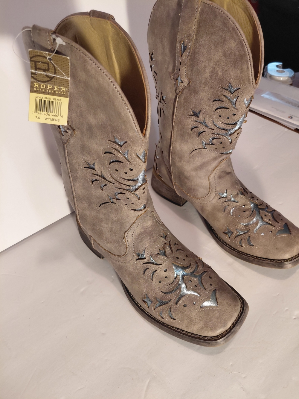 Roper Women's Taupe Western Boots with Metallic Inlay